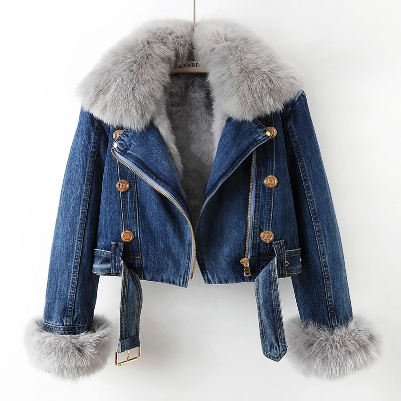 

Real Fox Fur Collar Rabbit Fur Liner Denim Jacket Women Cowboy Outerwear Winter Thick Loose Short Hem Belt Jeans Jackets Female