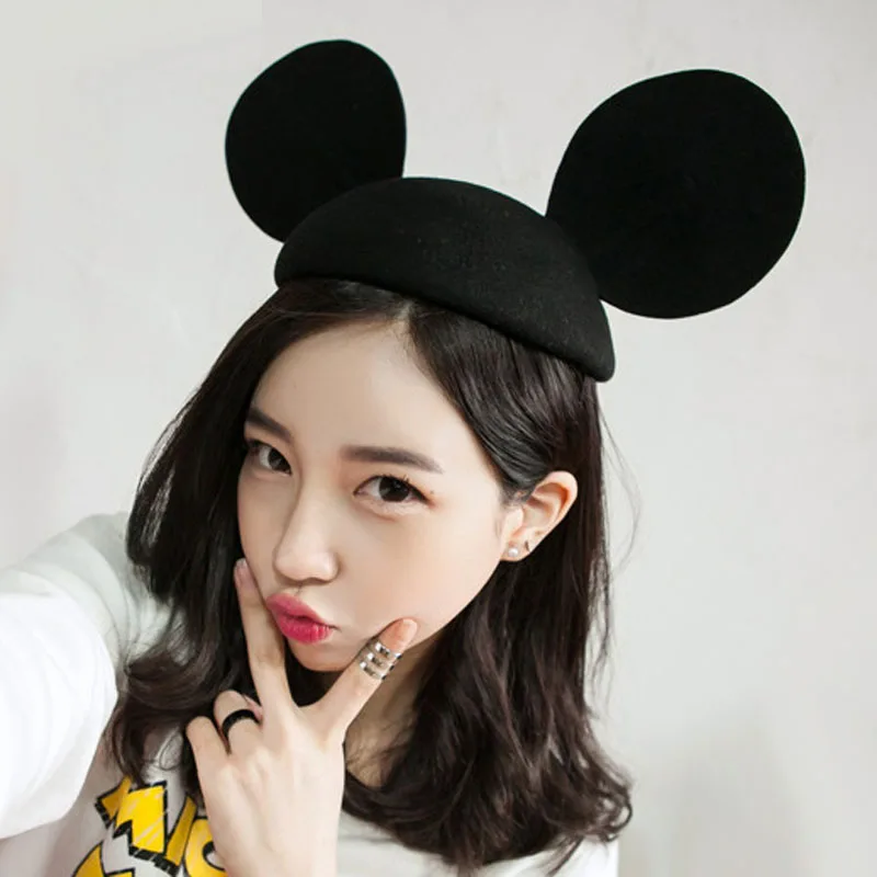 

Girls Lovely Beret Hats Mickey Ears High quality 100% wool Felt Hat Women Fashion Cap Stage Performance Headdress Fedoras