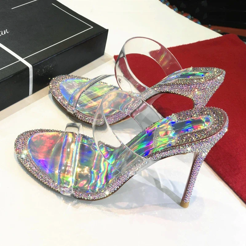 New rhinestone high heels for women, slim heels, transparent crystal shoes for fairy, cool slippers for women
