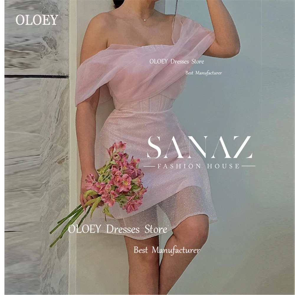 

OLOEY Sexy Off the Shoulder Pink Glitter Prom Party Dresses Arabic Women Boning Shiny Cocktail Dress Corset Back Event Gowns