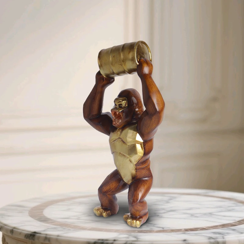 Wood-Grain Gorilla Resin Sculpture: Elegant Decorative Piece