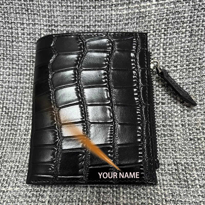 

Luxury leather wallet engraved with favorite name, digital souvenir gift, carved leather wallet