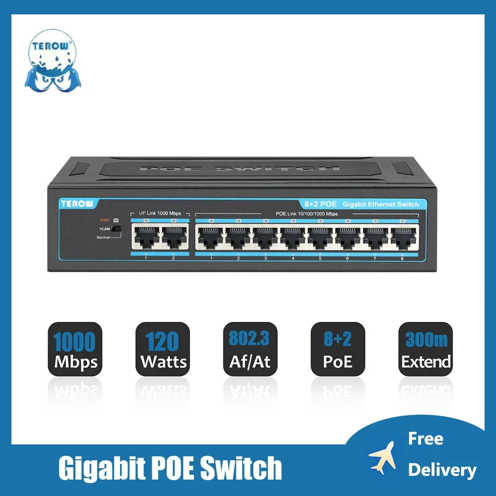 Terow 10 Portas Poe Switch 1000mbps Poe Mais Uplinks 120w Gigabit Ethernet Switch para Câmera ip ap sem Fio Sistema de Câmeras Cctv
