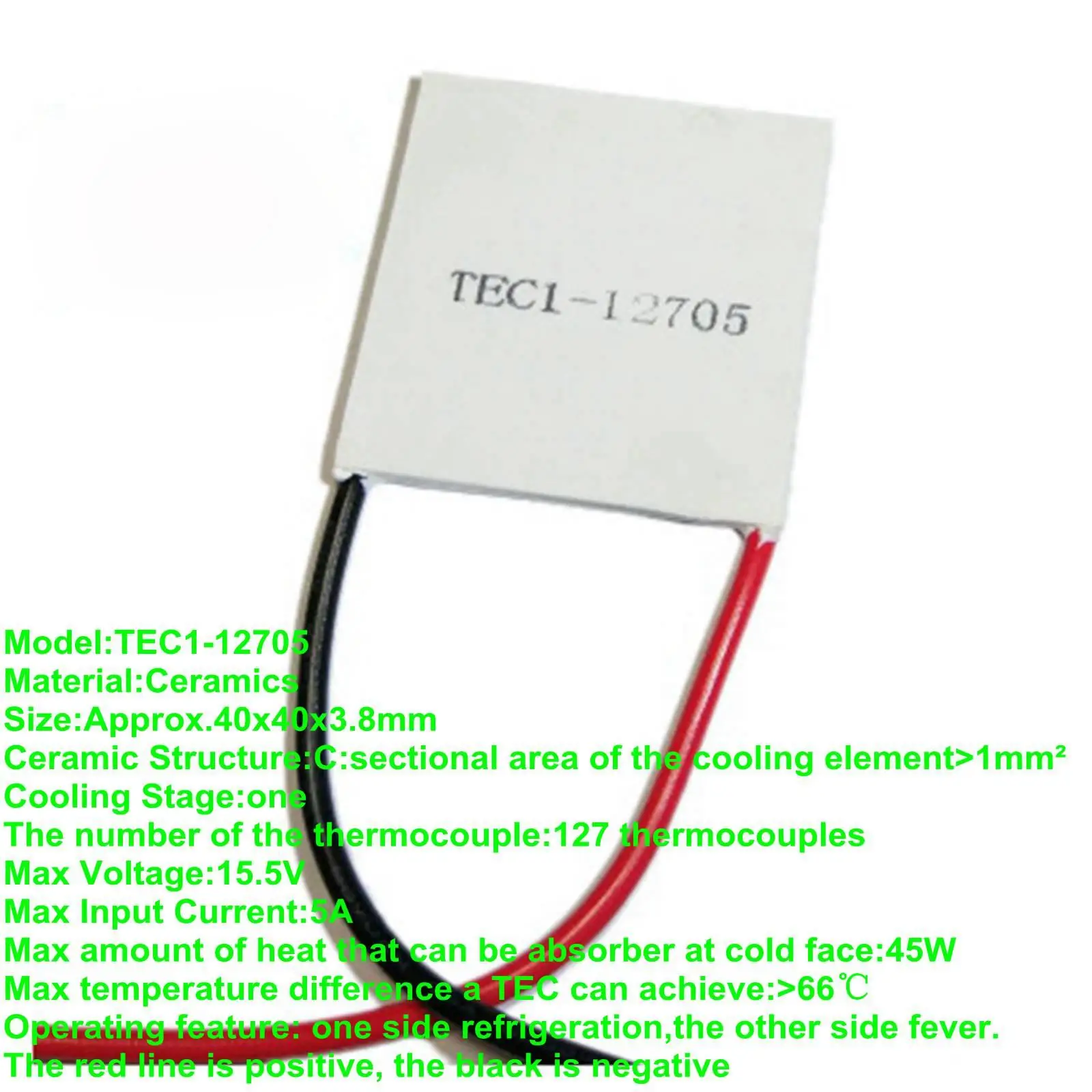 40x40x3.8mm 5A 15.5V 45W TEC1-12705 Thermoelectric Cooler Peltier Heatsink