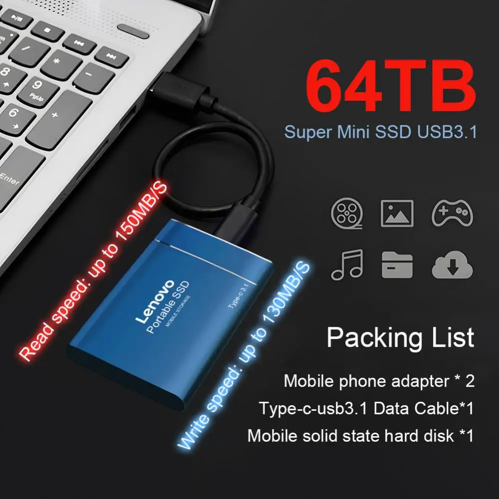 레노버 휴대용 고속 모바일 솔리드 스테이트 드라이브, 2TB, 4TB, 8TB SSD, 모바일 하드 드라이브, 노트북용 외장 저장 장치, 64TB
