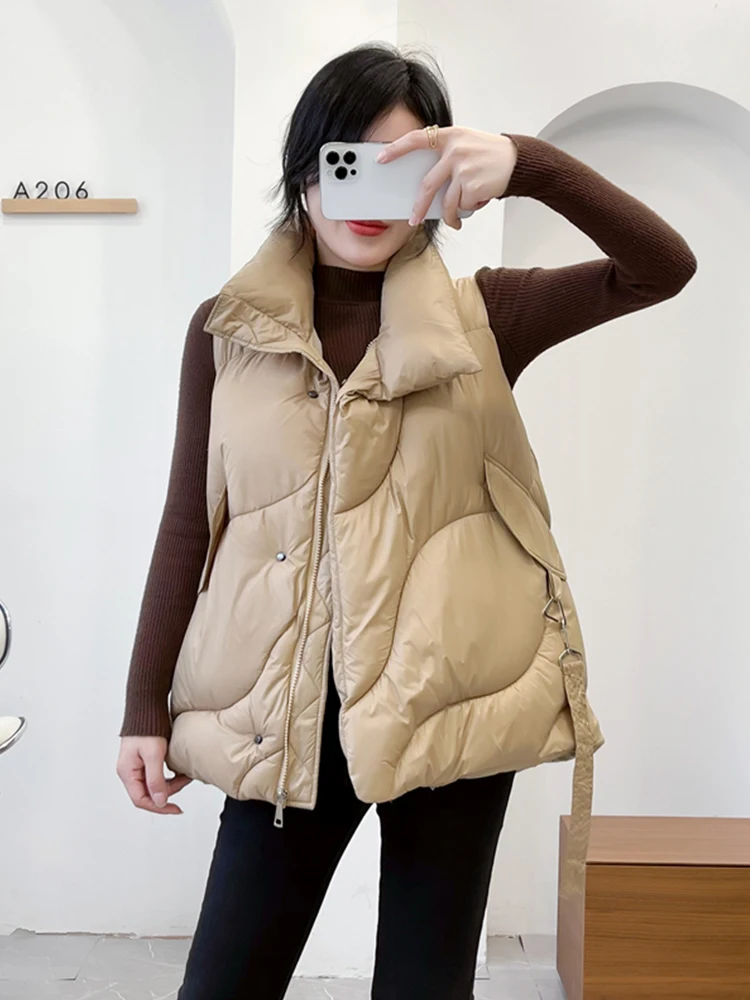 

FTLZZ Autumn Winter Women 90% White Duck Down Coat Female Stand Collar Zipper Button Sleeveless Jacket Casual Loose Solid Coat