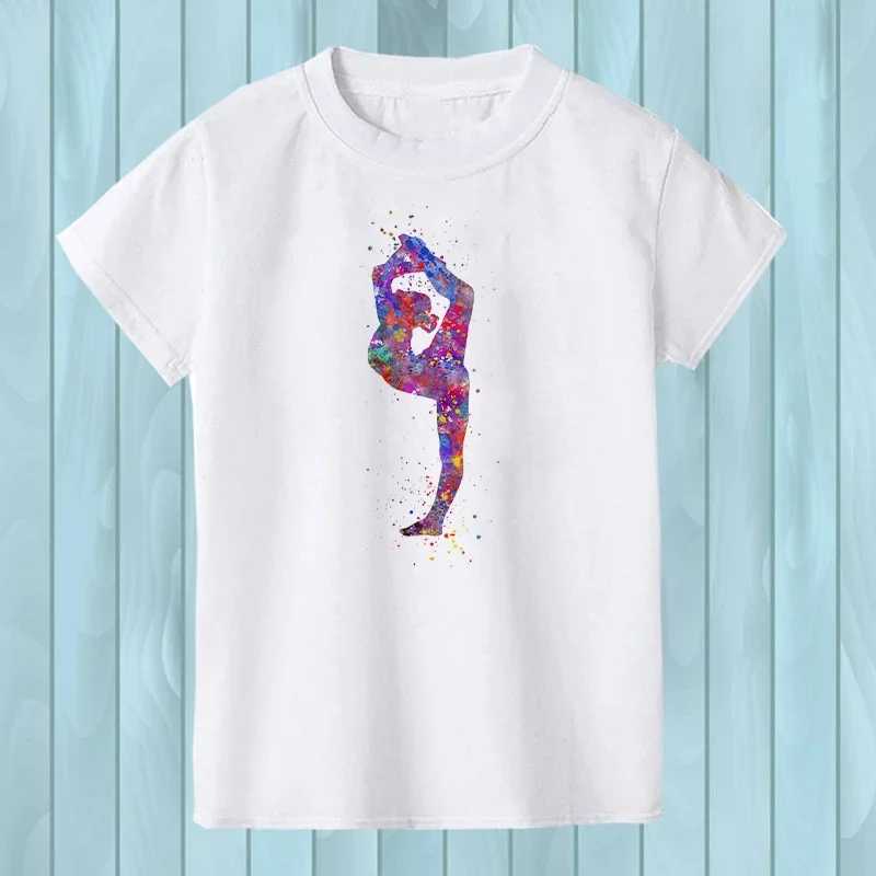 Gymnast Dancer T-Shirt Femme Watercolor Rainbow Gymnastics Art Tshirt Girls Summer Kids Tees Shirt Tops Child Streetwear Hipster