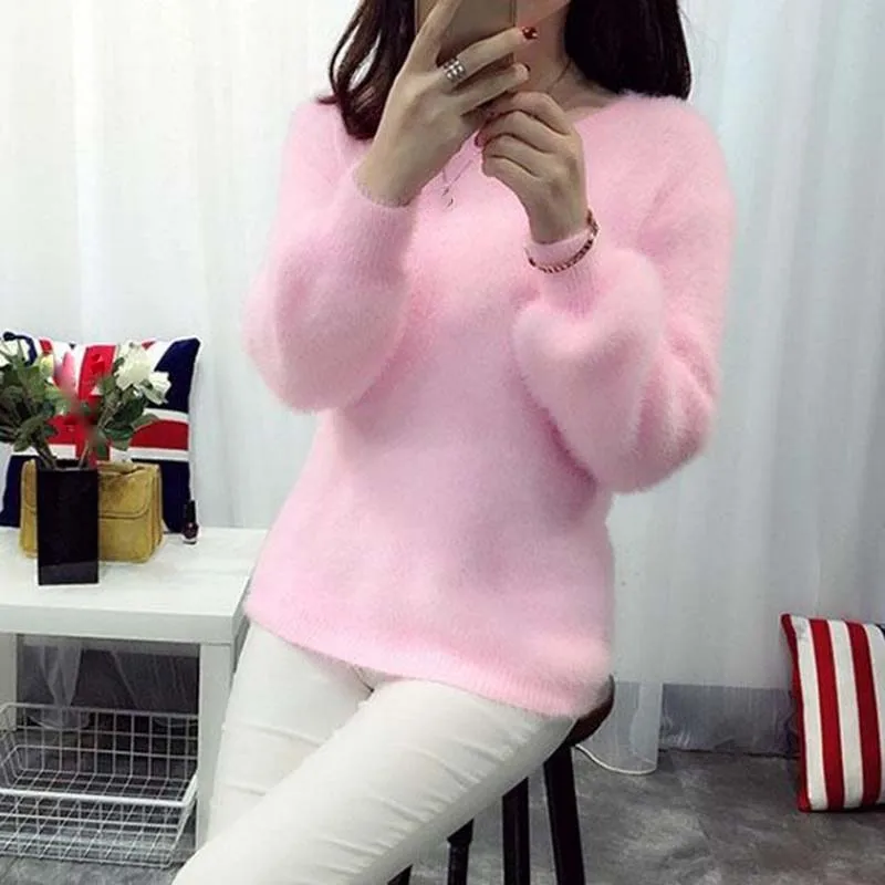 Mohai Knitted Basic Women's Warm Round Neck Pullover Sweater Pink Short Top  Sweet Sueter Mujer Autumn and Winter Jumper