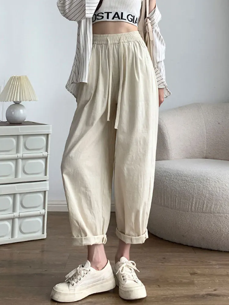 

2023 Summer Cotton Linen Pants Women Trousers Korean High Waist Loose Cargo Pants Ladies Loose Harem Pants For Women