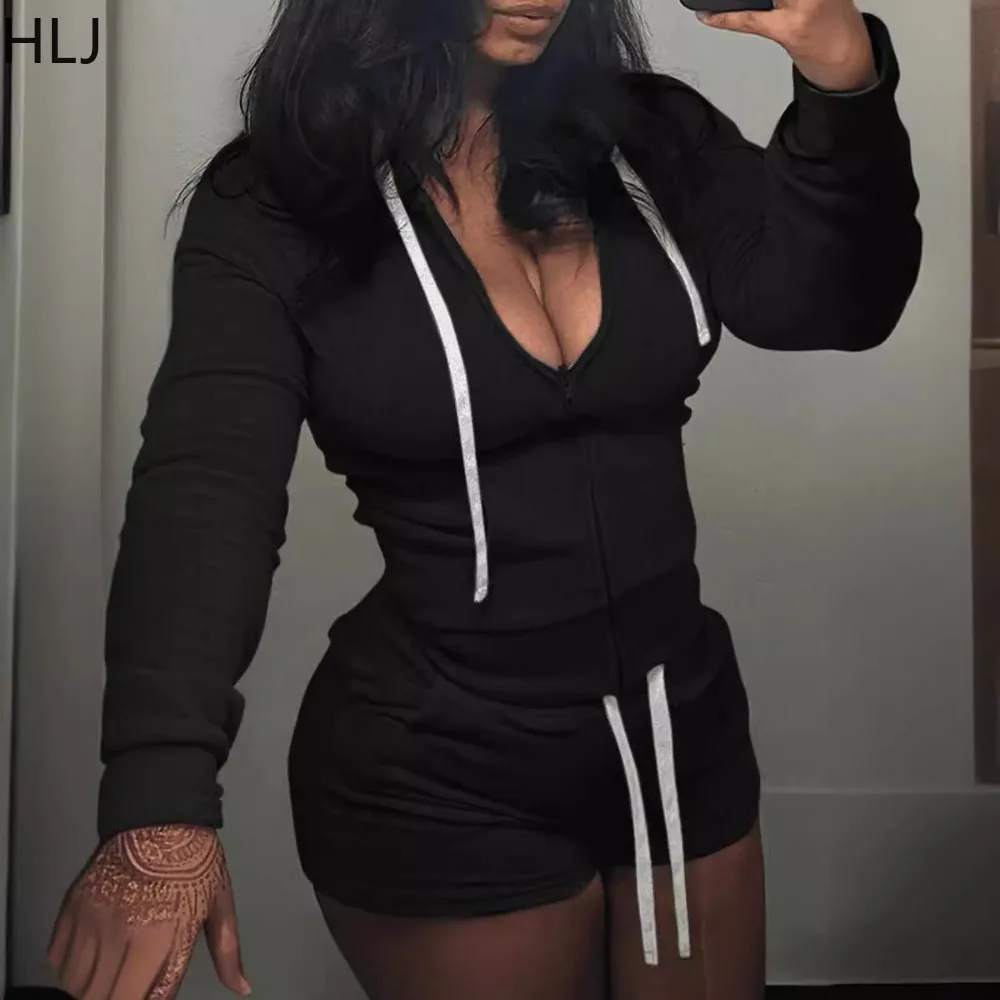 HLJ Casual Solid Hooded Zip Biker Shorts Tracksuits Women V Neck Long Sleeve Top And Shorts Two Piece Set Fashion Sporty Outfits