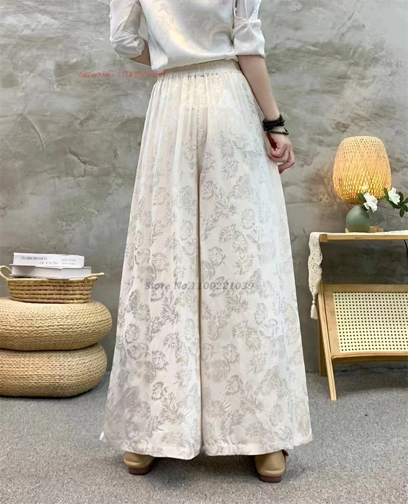 chinese vintage pants flower embroidered pants women traditional wide leg trousers national satin jacquard folk loose