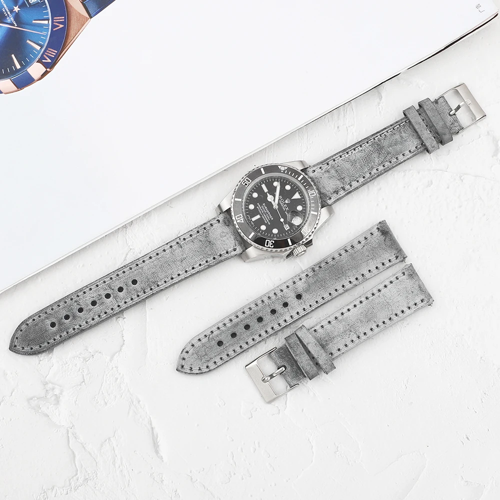 

Oil Wax Leather Watch Strap 16mm 17mm 18mm 19mm 20mm 23mm 24mm Retro Watchband Grey White Handmade Watchband Accessories