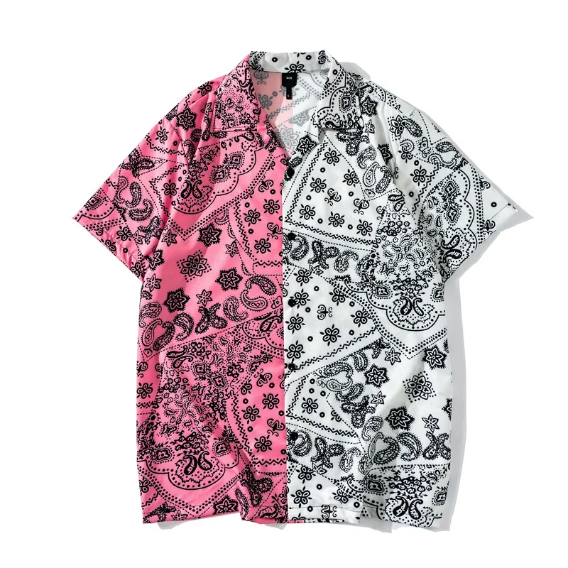 

Y2K Pink White Patchwork Vintage Shirt Summer New Men Short Sleeve Hawaiian Shirt Mens Paisley Print Beach Shirts Man Oversized