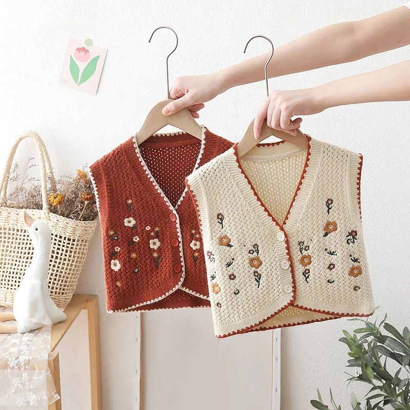 가을 아동 여아 스웨터 코트  여아 꽃무늬 도트 가디건 1-5세 여아 배색 오픈 스티치 코트  니트웨어