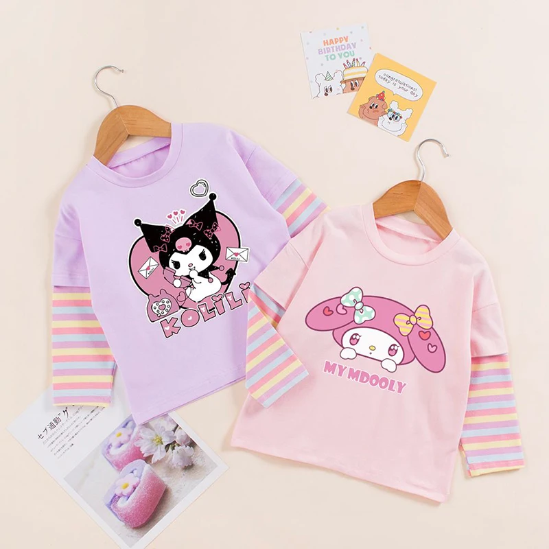 

New Sanrio Kuromi My Melody Kids Cotton Long Sleeve T-Shirt Anime Spring Autumn Sweatshirt Tops Pullover Kawaii Kids Toys Gift