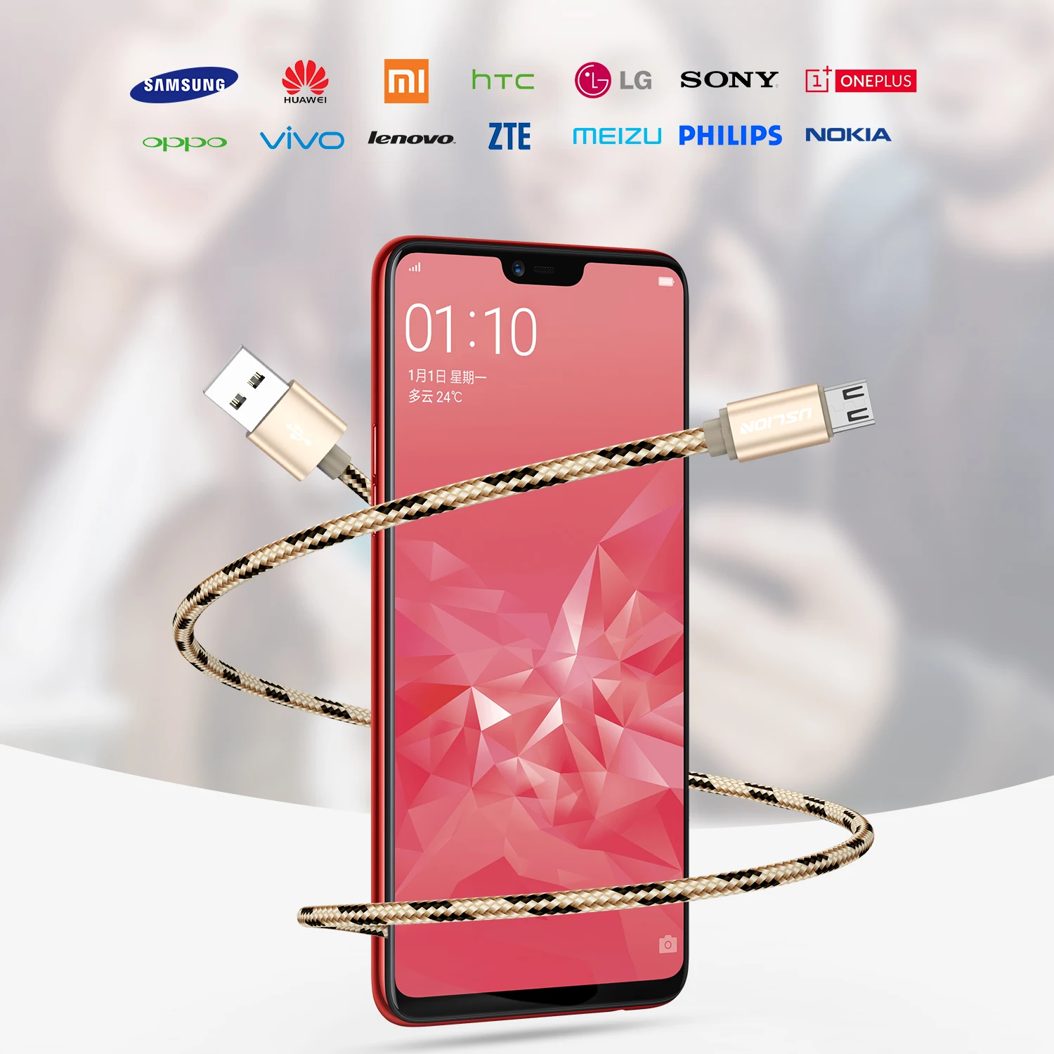 Cable Micro USB de 0,5 M y 2,4 a para teléfonos móviles Android, Cable de datos trenzado de nailon, oro rosa, Xiaomi, Huawei, Meizu, Samsung