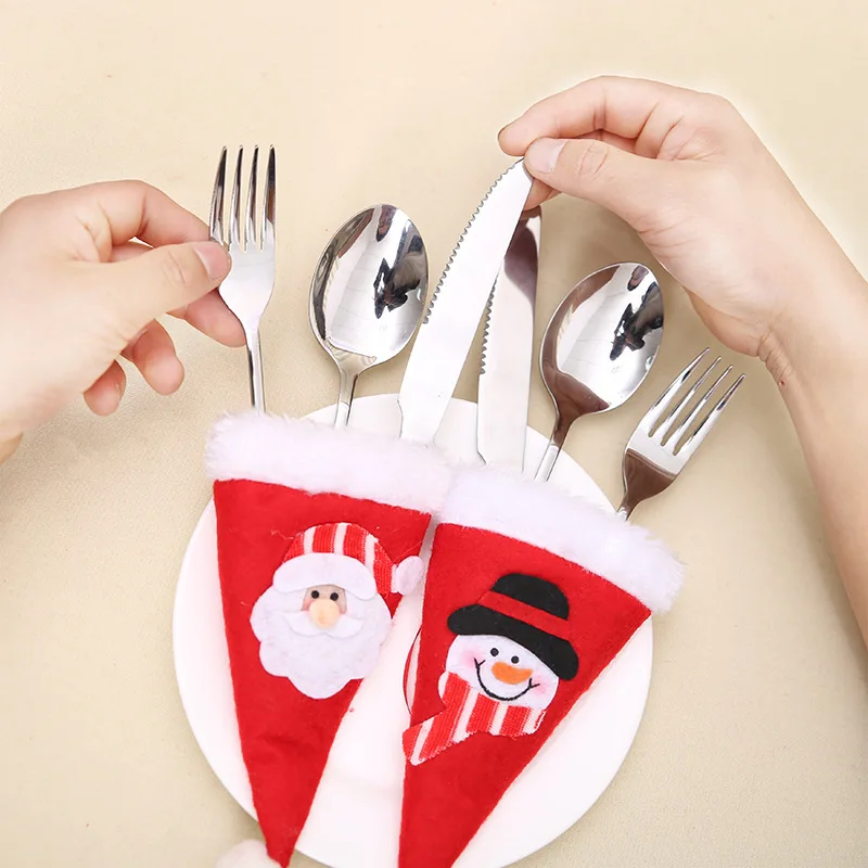 

Christmas Creative Decoration Mini Christmas Hat Christmas Knife and Fork Set Wine Bottle Cover Cap Tableware Set Plush Cloth Mi