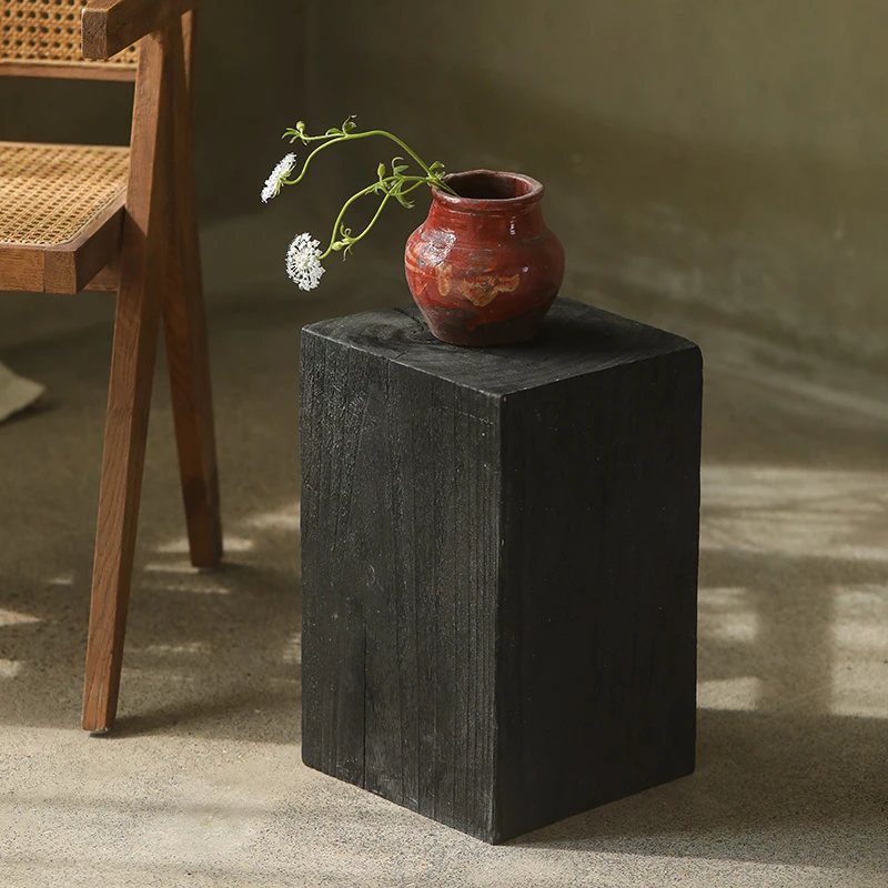 Black Wabi-Sabi Square Side Table Solid Wood Storage Shelf Sofa End Table for Zen Living Room Decor Rustic Tea Tray Organizer