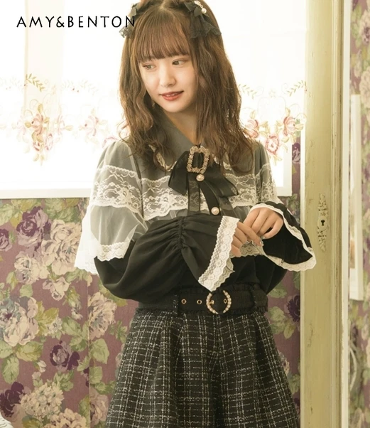 

Rojita Cloak Shirt Autumn Japanese Sweet Stitching Lace Lapel Square Diamond Lace-up Long Sleeve Blouse Women Loose Kawaii Tops