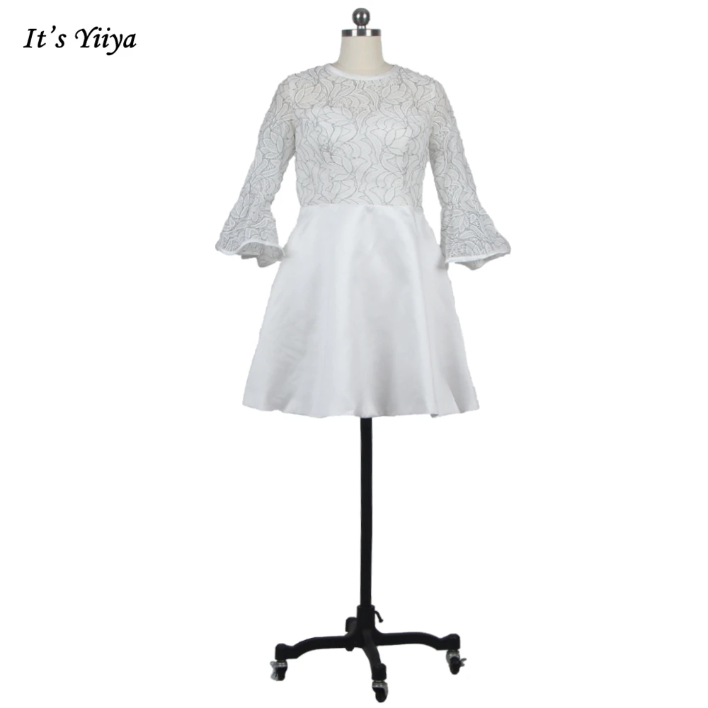 

It's YiiYa Evening Dresses White Lace O-neck Three Quarters Sleeves Zipper Back Knee-length Plus size Women Party Dress LX711
