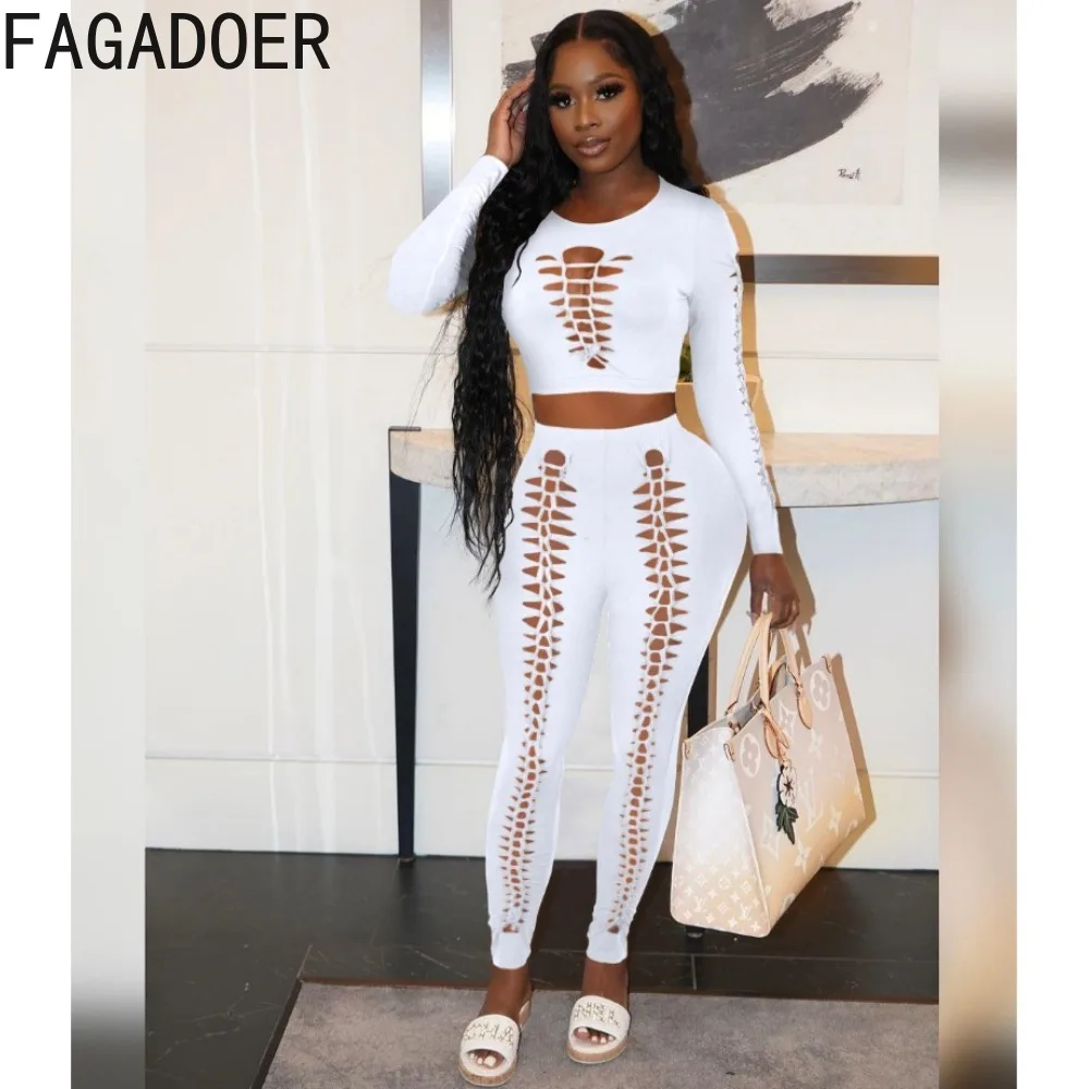 FAGADOER Black Hollow Out Slim Fit 2 Piece Sets Female Sexy Fashion Long Sleeve Crop Top Stretch Pants Outfits 2pcs Matching Set