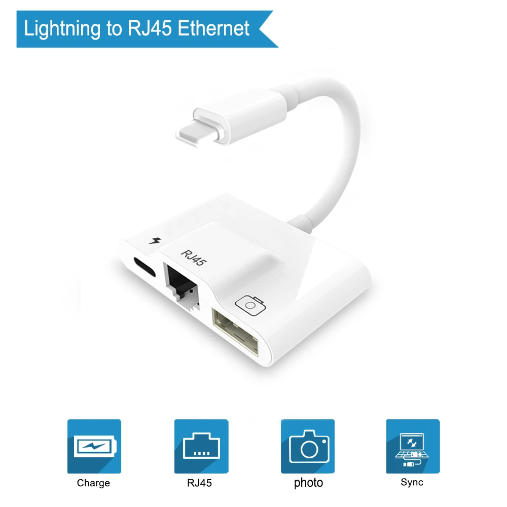 Adapter for Lightning to RJ45 Ethernet OTG Adapter LAN Wired Network with charge and USB 3 camera reader port for iPhone/iPad phone adapters & converters Adapters & Converters