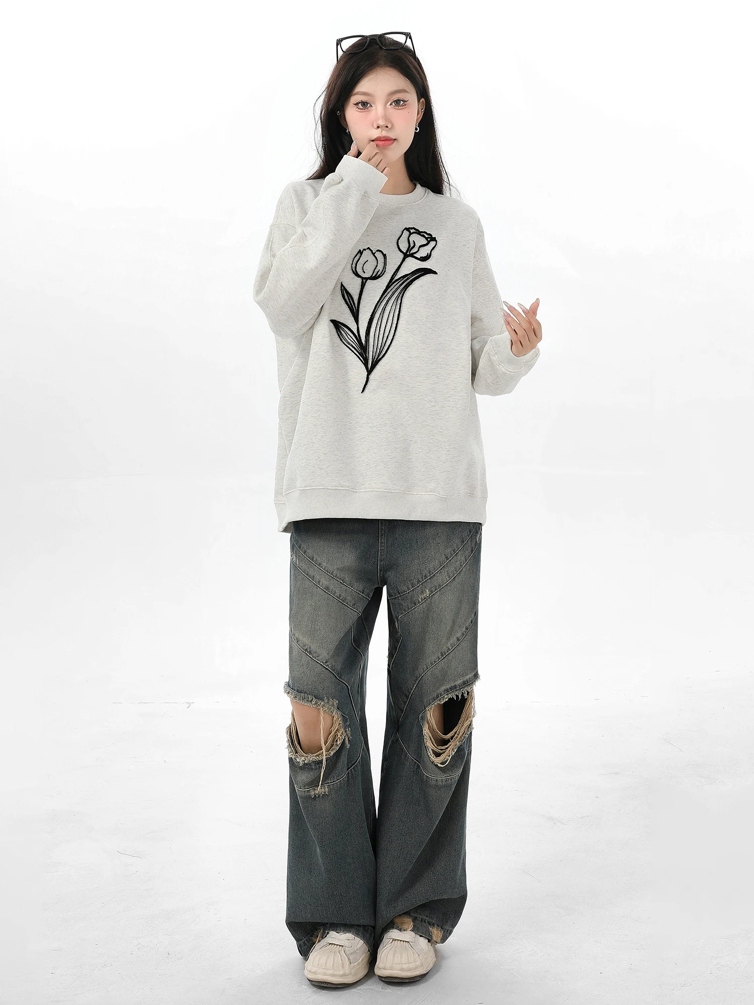 American-Style Gray Pullover Sweatshirt Autumn Winter Oversize Hoodies Retro Casual Loose Round Neck Long-Sleeved Sweatshirts