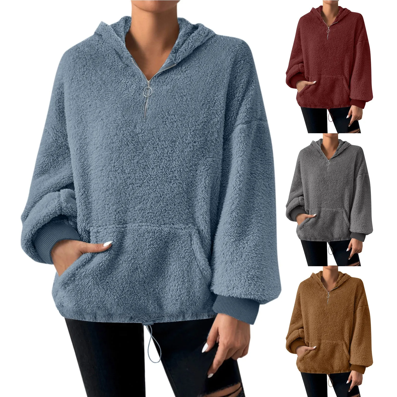 

New Autumn Winter Thick Warm Coat Velvet Sweatshirt Cashmere Women Hoody Solid Blue Pullover Casual Lady Loose Long Sleeve Tops