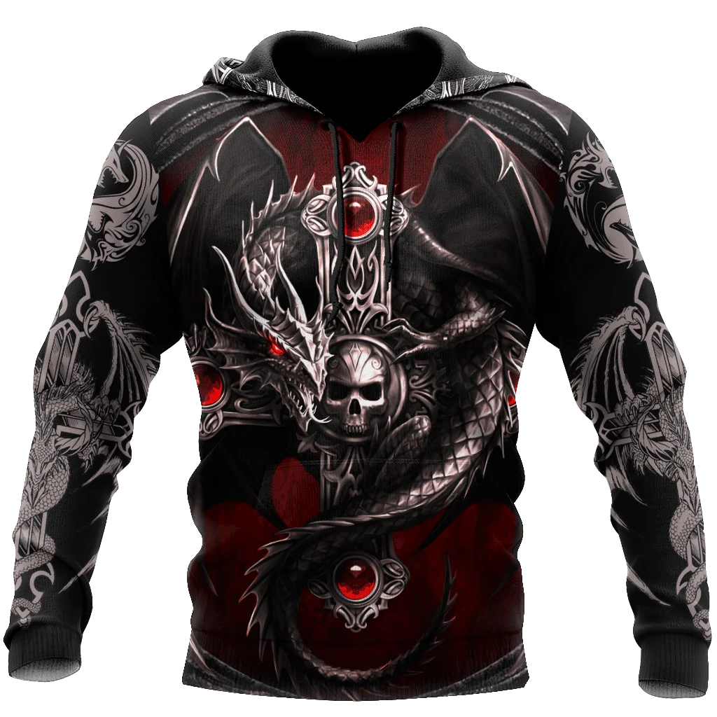 thumbnail image 1 of Sudadera con capucha de gran tamaño con estampado 3D de esqueleto cruzado y tatuaje rojo terrorífico para hombre, chándales casuales, ropa de animal de cuervo y lobo malo, 1 of 4
