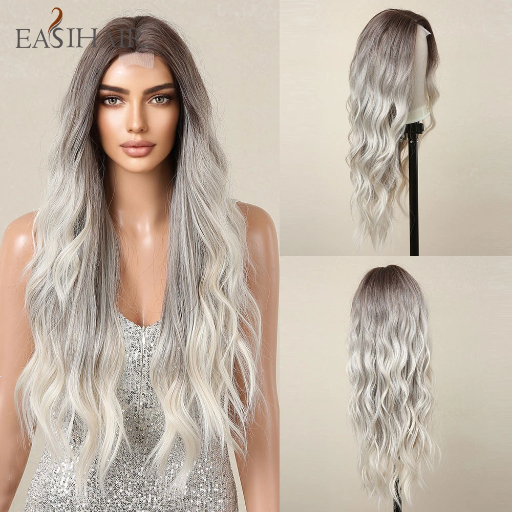 

EASIHAIR Long Wavy Ombre Gray Brown Blonde Synthetic Lace Wigs Natural Hairline Lace Wigs for Women Daily Cosplay Heat Resistant