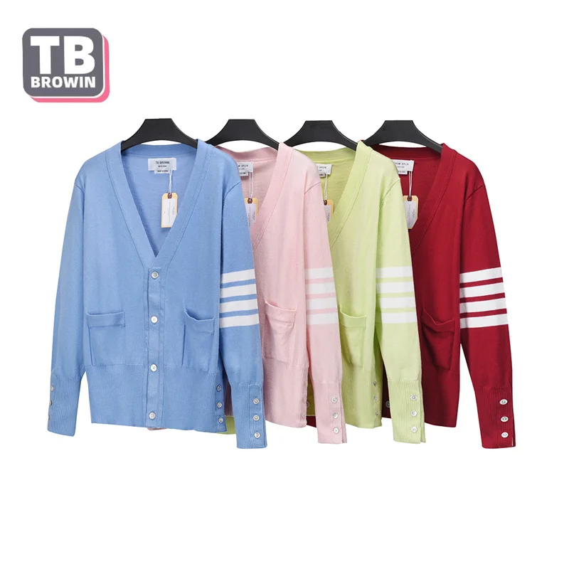 

TB BROWIN Flagship-Store Brand Men's Wool Sweater Autumn and Winter 4 Bar Stripes New Floral Cardigan V-neck Luxury Casual