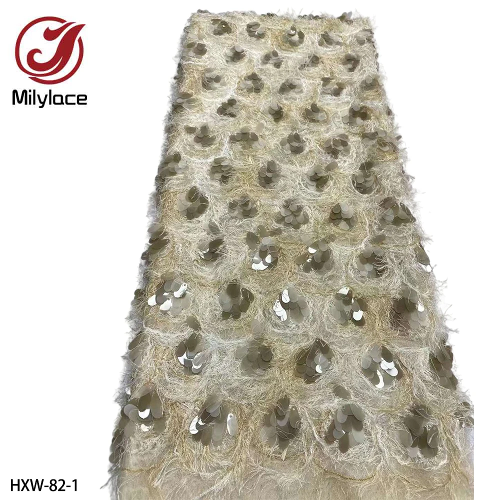 

High Quality French Net Lace Fabric 3D African Tulle Mesh Lace Fabric with Sequins for Wedding Party Dress HXW-82