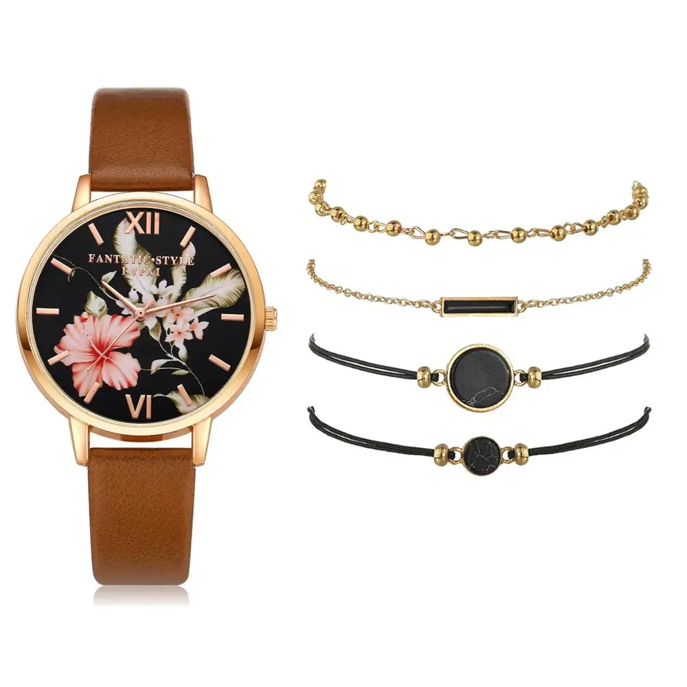 Lvpai 5pcs set Women Watches Bracelet Black Ladies Bracelet Watch Casual Leather Quartz Wristwatch Clock Relogio Feminino 