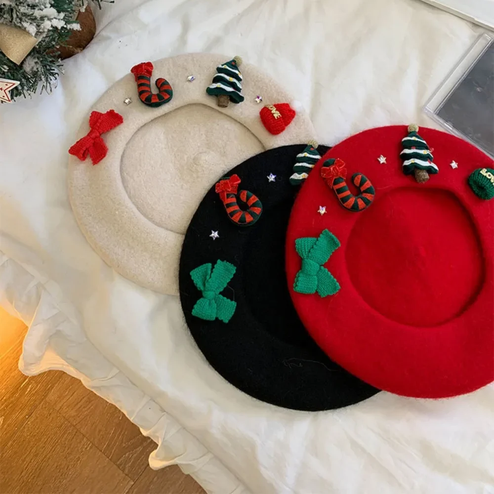 Christmas Hat Red Green Beret Female Winter Headwear Xmas Party Dress Up New Year Gifts Sweet Girl Women Wool Tweed Beret Cap