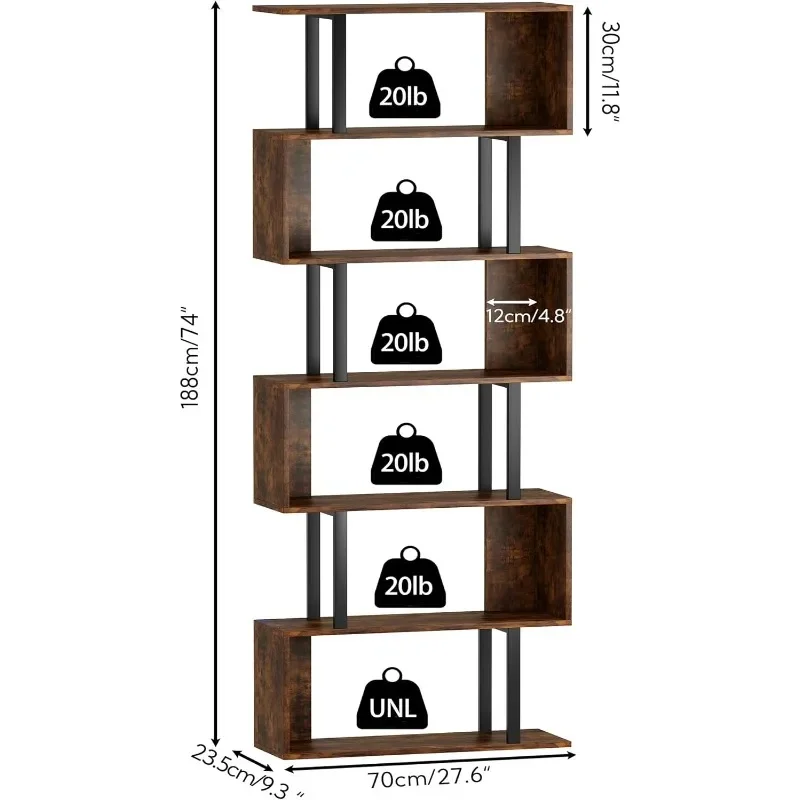 Description Picture 4 of itemYusong Geometric Bookcase, S Shaped Bookshelf 6-Tier Book Shelves for Bedroom, Modern Wood Decorative Display Shelf, Bown