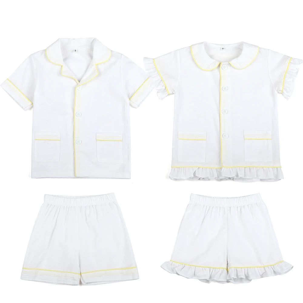 Summer Baby Clothes White Seersucker 100% Cotton Short Sleeve Kids Pajamas Set Siblings Matching Ruffled Boys Girls Pyjamas