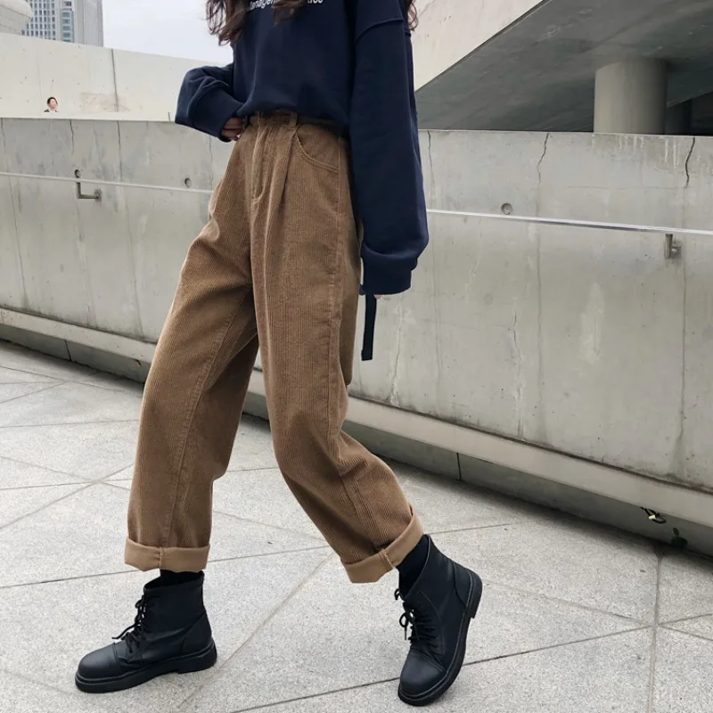 

Deeptown Vintage Brown Corduroy Pants Women Winter Harajuku Baggy Korean Fashion Fleece Straight Trousers Loose 90s Aesthetic