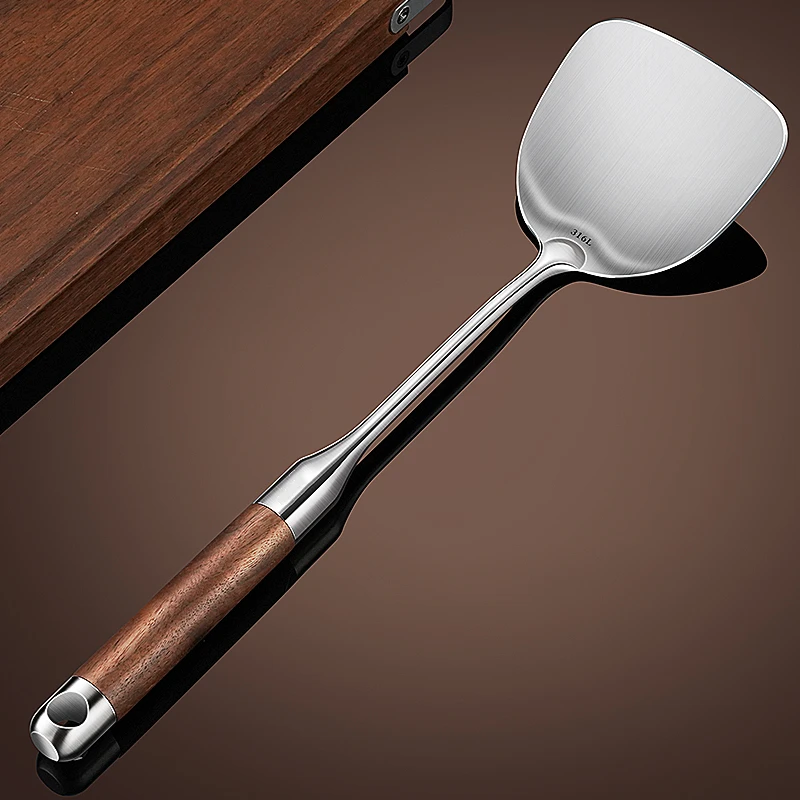 99.9% Anti-bacterial LFGB Certificated 316L Stainless Stel Cookware Walnut Wooden Handle Spatula Spoon for Kitchen Cooking