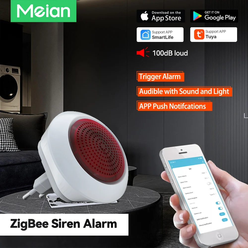 Meian Zigbee Smart Sirena 110V-220V SIRENE ALARMA 100DB 무선 경보 보안 보호 게이트웨이 스마트 라이프 Tuya App