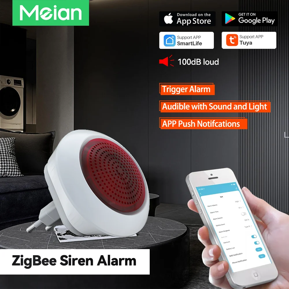 Meian Zigbee Smart Sirena 110vt-220vt Sirene Alarma 100dB Wireless Alarme  Security Protection Via Gateway Smart Life Tuya APP