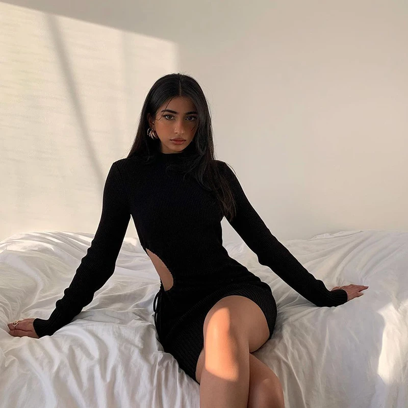 

Autumn and Winter Ladies Fashion Sexy Party Club Elegant Outfit 2023 Long-sleeved Solid Color Bandage Ruffled Ribbed Mini Dress