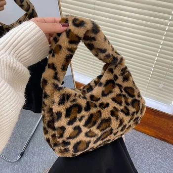 Y2k Korean Plush Retro Leopard Print Bags for Women Underarm Bags Leopard Zebra Pattern Fluffy Tote Bags Small Purses Handbags 1