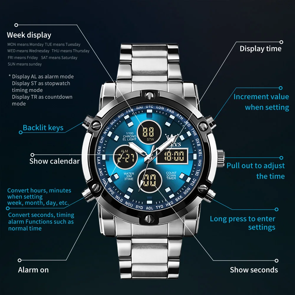 OLEVS Watch for Men Analog Digital Chronograph Big Dial Stainless Steel Waterproof Luminous Fashion Male Wristwatch reloj de