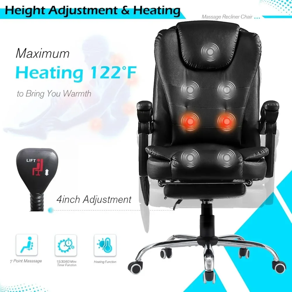 Ergonomic Reclining Office Chair, Heat & Massage High Back Desk Chair w/Retractable Footrest, Executive Swivel Leather Chair 4