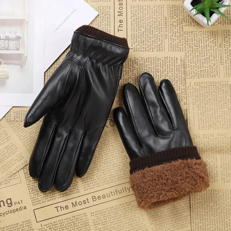 Men's Gloves Black Winter Mittens Keep Warm Touch Screen Windproof Driving Guantes Male Autumn Winter PU Leather Gloves Business