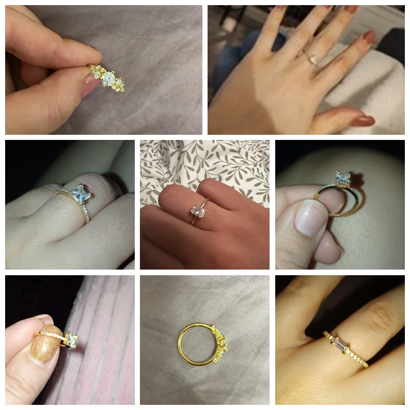 925 Sterling Silver Gold Single Round Zircon Crystal Rings Women Cubic Zirconia Jeweled Leaf Loop Wedding Engagement Ring