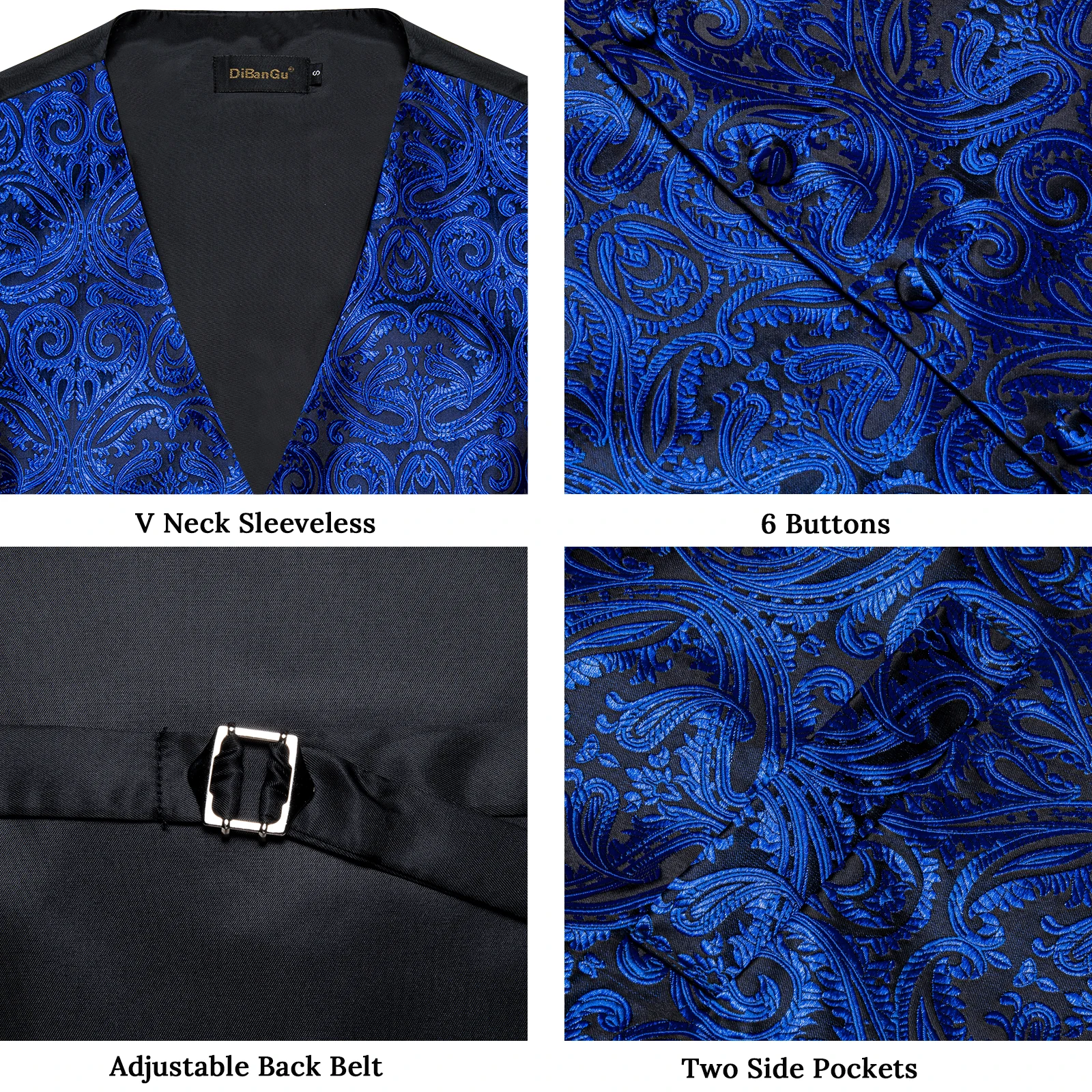 Luxury Men's Suit Vest Royal Blue Paisley Waistcoat with Neck Tie Handkerchief Cufflinks Wedding Prom Tuxedo Sleeves Vest 5