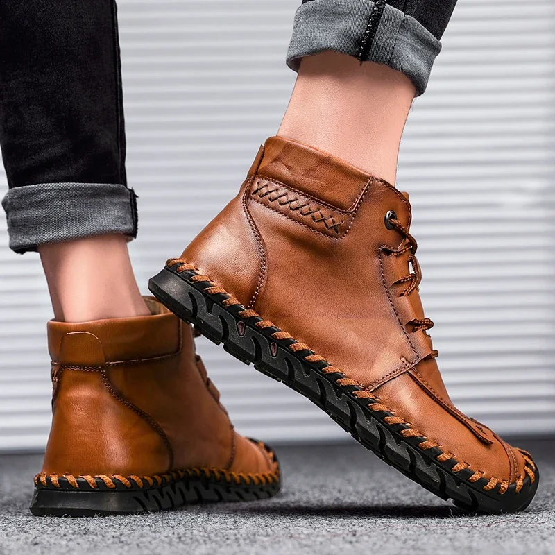 Men Leather Boots Business Mens Boots Brand Classic Winter Thick Plush Warm Snow Boots Handmade Ankle Waterproof Non-slip Moccasins men leather boots business mens boots