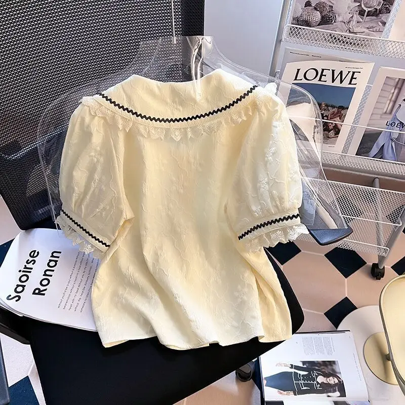피터팬 칼라 셔츠 여성 카와이 레이스 부드러운 유행 프랑스 스타일 Mujer Blusas 여름 새로운 디자인 우아한 퍼프 슬리브 옷