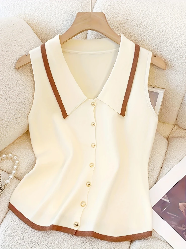 Gilet in Maglia con Colletto a Polo e Bottoni Dorati, Cardigan Senza Maniche con Bottoni Frontali e Bordi a Contrasto, Trendy Primavera-Estate 2026 per Donna - immagine 6